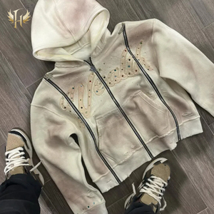 Premium Herren Winter Crop-Hoodie Dreifach-Reißverschluss 100% Baumwolle Gewaschen Sonnengebleicht Gefüttert Strass-Bestickt Distressed-Stil - Product Image 1