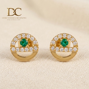 Pendientes de Oro Amarillo Sólido de 14 Quilates con Diamante Cultivado en Laboratorio y Esmeralda Colombiana Certificados por IGI para Mujer, Joyería de Corte Brillante Redondo - Product Image 6