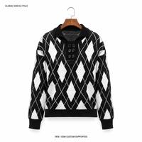 Pull en maille de haute qualité pour femmes, col polo, motif losanges noir et blanc, fabrication OEM ODM