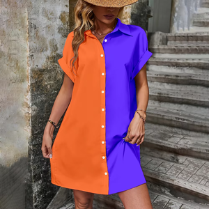 Femmes élégant ample à manches courtes été revers jupe bouton poche robe de soirée grande taille couleur bloc tombé droite - Product Image 6