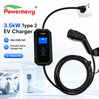Chargeur EV portable 3,5 kW 16A Mode 2 Type 2 230Vac monophasé avec courant réglable, RCD, écran LCD et câble de 5 m pour la recharge à domicile ou au garage