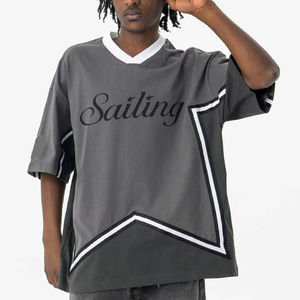 T-shirt en tricot à col en V surdimensionné, décontracté, 100% coton, respirant, impression sérigraphique, blocage de couleur, 220 grammes, design vierge, personnalisable - Product Image 2