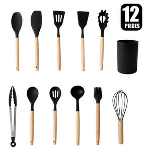 تخفيضات هائلة على 12 أداة طهي أواني مطبخ من السيليكون طقم أدوات مطبخ من السيليكون بمقبض خشبي ودلو تخزين - Product Image 6