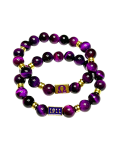 Braccialetto da uomo O Psi Phi con perline, braccialetto elastico con perline in vetro viola e oro, braccialetto con ciondolo. - Product Image 5