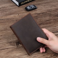 AndoBag dompet pendek kulit kuda gila, tempat paspor Retro untuk pria, dompet koin kulit sapi asli RFID
