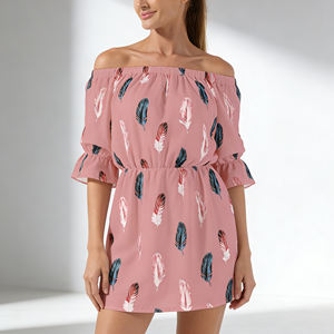 Oferta en Temu: Vestido Mini Casual con Estampado de Plumas y Hombros Descubiertos para Mujer, Manga Media, Cintura Elástica, Ideal para Vacaciones, Fiestas y Uso Diario - Product Image 6