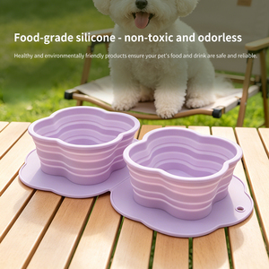 Flower Shape Collapsible Silicone Pet Bowls Double Set Pink Purple Non-Slip <b>Mat</b> Foldable Food Water Dish for Dogs <b>Cats</b> - Product Image 4