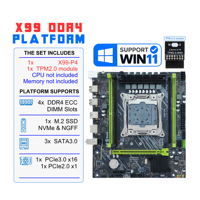 New X99-P4 C612 Chipset Motherboard with TPM2.0 Supports Intel Xeon 4X DDR4 RAM UEFI Secure Boot Win11 X99 Motherboard