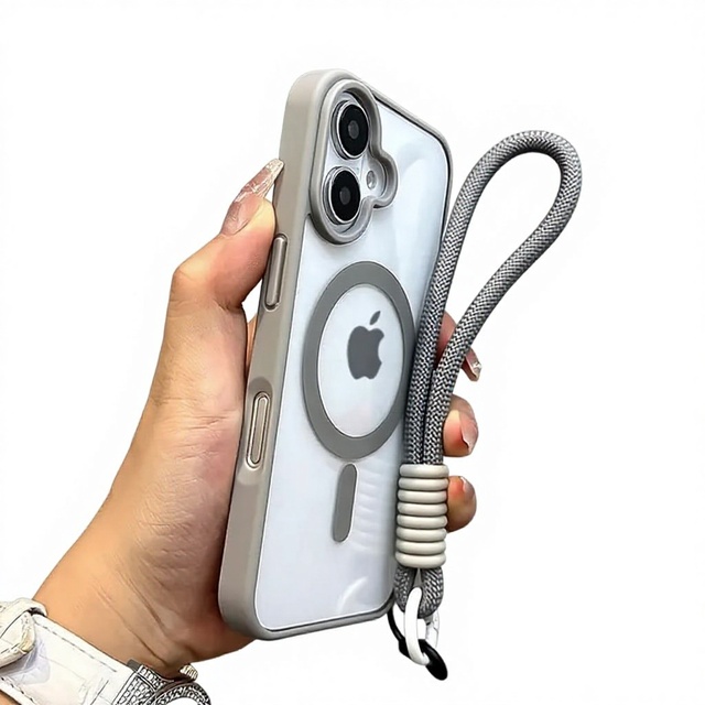 Magnetic Transparent TPU Frosted Acrylic Back Plate Mobile Phone Case with Wrist Strap Crossbody Lanyard