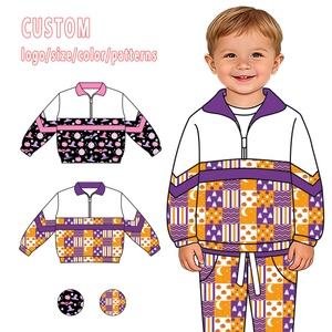 Survêtement pour tout-petits 2 pièces en soie de lait, avec logo à motif personnalisé, demi-zip et blocs de couleur, pour le sport des enfants - Product Image 4