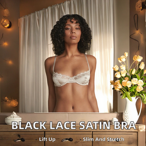 Stretch <b>Satin</b> Black Sexy Lace Push-Up Breathable <b>Bra</b> with Adjusted Straps Thin Nonwoven Everyday for Women Lingerie - Product Image 2
