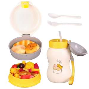 Boîte à lunch et gourde pour enfant, motif quadrillé mignon, en plastique, dessin animé, ensemble boîte à lunch pour enfant 700 ml et gourde avec sac en PVC - Product Image 3