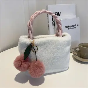 GEERDENG 2022 New Arrival Designer Lady Fashion Handbag Cute Plush Cherry Fur Tote Bag For Girls Female Furry Love Chain Handbag