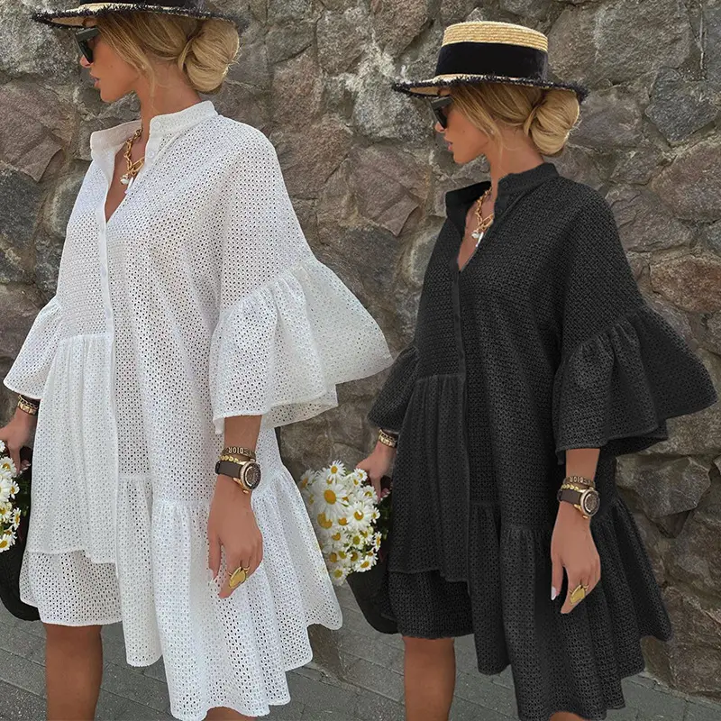 2023 Summer Hot Sale Women Cute Dress Bell Sleeve Ruffle Loose Swing Mini Dress Fashion Irregular Black White Cotton Dress