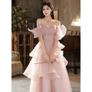 S0630T 2026 Hot-Selling Small Off-Shoulder Fishtail Bride Dress Elegant Simple <b>Sequins</b> Evening Gown Wrap Waistline Lace Zipper - Product Image 3