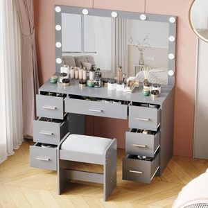 Tocador de Maquillaje Moderno Wenfeng para Mujer Gris OEM/ODM con Taburete, Espejo Iluminado, 3 Modos de Iluminación y Brillo Ajustable - Product Image 2