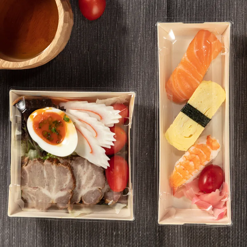 Rollos de Sushi de estilo japonés de madera Biodegradable, caja Sashimi para llevar ensaladas y tartas, contenedor con tapa transparente