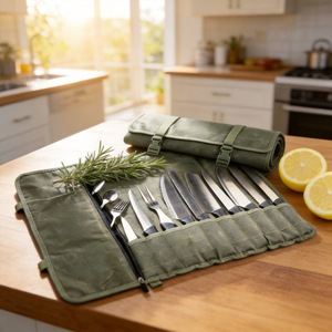 Sac à couteaux de chef en <span class=keywords><strong>toile</strong></span> cirée, sac de rangement pour couteaux de cuisine portable et pliable, grande capacité, organiseur d'outils de chef - Product Image 1