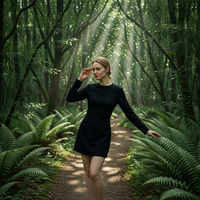 Robe mini trapèze noire unie en polyester à col rond et manches longues, taille naturelle, lavable, décontractée pour femme