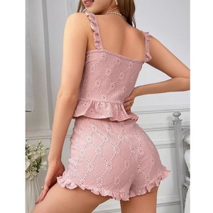 Venta caliente primavera y verano dulce y lindo francés con volantes ropa de casa mujeres <span class=keywords><strong>casual</strong></span> y cómodo conjunto de pijamas - Product Image 4