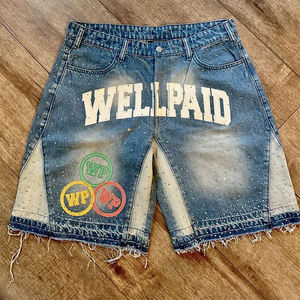 Custom Rhinestone Embroidery Applique Raw Hem Distressed Joining Jeans <strong>Shorts</strong> Men Sun Faded Denim <strong>Shorts</strong> - Product Image 3