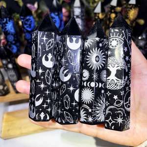 Tour de Cristal Poli Pierre de Guérison Motif Quartz Gravé Avec Soleil Lune <span class=keywords><strong>Noir</strong></span> Obsidienne Reiki Point - Product Image 3