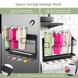 Organisateur de bouteilles d'eau magnétique, support de rangement pour gobelets Stanley, fixation murale autocollante avec 5 crochets - Product Image 5
