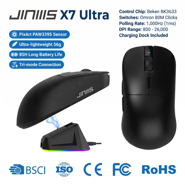 JINMS X7 Ultra Tri-Mode Wireless Gaming Mouse 26000DPI PAW3395 56g Superlight Rechargeable Esports Mouse OEM ODM Custom Logo