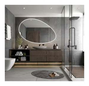 Meuble-lavabo de salle de bain simple en bois massif de couleur foncée rétro, série Gery avancée, avec miroir rond - Product Image 1