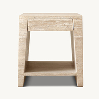 Table d'appoint en marbre travertin avec tiroir dissimulé et étagère de rangement ouverte, structure en pierre massif, style Wabi Sabi, pour chambre à coucher