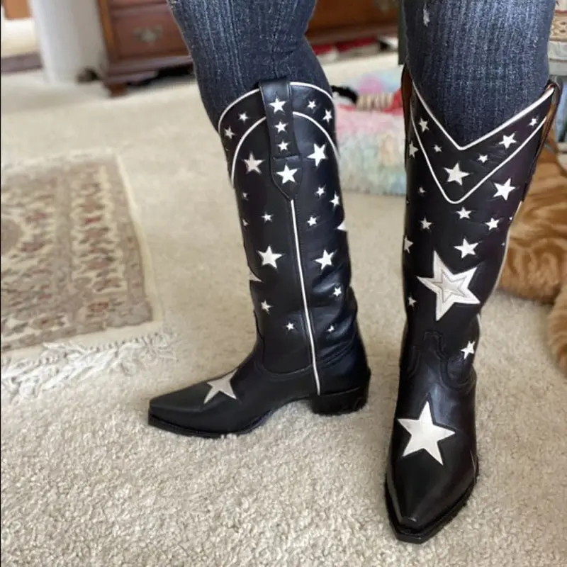 Customized Western Wear Square Toe Womens Leather Handmade Tall Boot Western White Stars Cowboy Boots