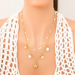 Collier superposé en fausses perles avec breloques étoiles, chaîne de clavicule en acier titane plaqué or 18 carats pour femme, bijoux tendance - Product Image 1