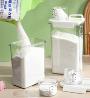 Distributeur de lessive, récipient transparent pour liquides avec gobelet doseur, adoucissant pour tissus, boîte de rangement en plastique pour produits nettoyants pour animaux de compagnie