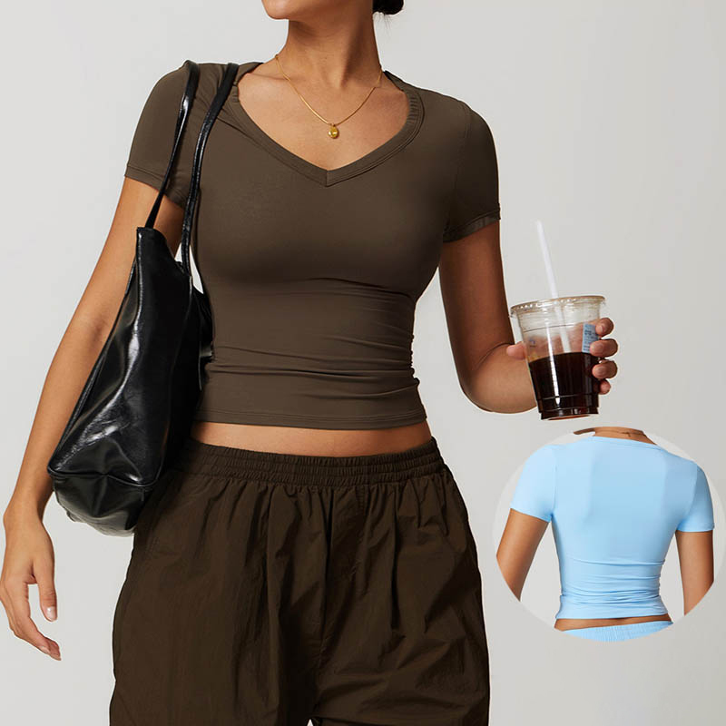 The Newest Gym Clothes Sexy V Neck Short Sleeve T Shirts Women Slim Fit Everyday T-shirt Crop Tops