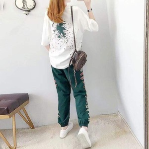 Women's Casual Sports Suit Loose Fit Korean Style 2025 Summer New Arrival Harem Pants Short Sleeve Two Piece Set Green - Product Image 4