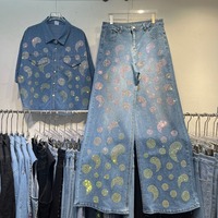 Ensemble 2 pièces en jean irisé avec strass, chemise et jean palazzo à jambes larges, collection boutique femme 2026 (vente en gros)