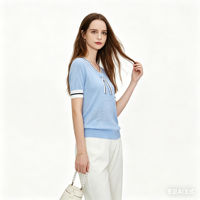 Haut en tricot décontracté pour femme, style preppy uni, respirant, à manches courtes, avec ourlet côtelé et col marin