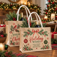 Sac fourre-tout en jute de Noël imprimé « Joyeux et Lumineux » avec poignées en corde blanche pour emballage de cadeaux de fêtes