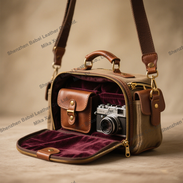 Custom Vintage Digital Gear Bag for DSLR Cameras Premium Retro Leather and Canvas with Brass Zipper Adjustable Dividers