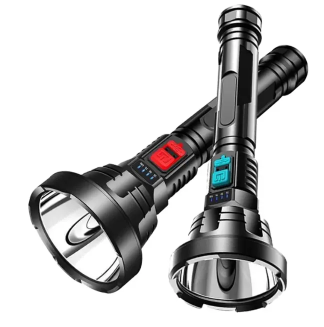 ไฟฉาย LED แบบพกพา ABS แบบข้ามพรมแดนแสงระยะไกลที่แข็งแกร่งชาร์จ USB บ้านฉุกเฉินเลเซอร์กลางแจ้งใช้สวน