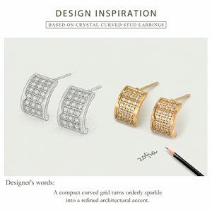 Boucles d'oreilles clous incurvées en cristal, en acier inoxydable, serties de pierres CNC, plaqué or 14K sous vide, design grille - Product Image 3