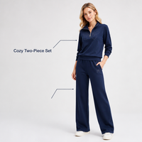 Ensemble décontracté deux pièces pour femme, bleu marine, broderie florale, coupe ample, avec fermeture éclair, manches longues, en coton aéré, pantalon large