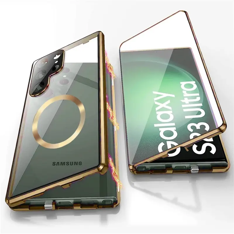 Casing ponsel magnetik pelindung kaca Tempered, casing ponsel layar HD bingkai logam paduan aluminium desain bisnis untuk Samsung S23Fe S23 S22 S24 Ultra