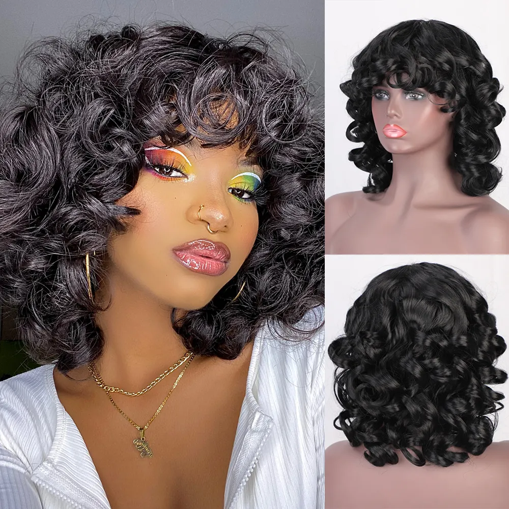 Mạnh mẽ Nhiệt độ cao sợi ngắn màu đen hỗn hợp nâu afro kinky Curl glueless cao cấp tổng hợp tóc giả xoăn cho phụ nữ da đen