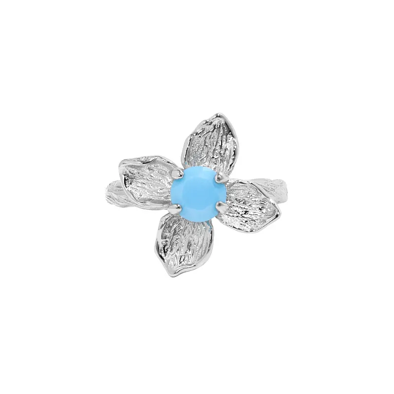 WuQie New Ring for Girl Sterling Silver Flower Shaped with Blue Nano Stone Ring