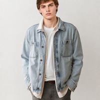 Veste de travail en jean délavé bleu clair pour homme, coupe décontractée, double poche plaquée sur la poitrine, boutonnée, décontractée, logo personnalisé, fabrication OEM