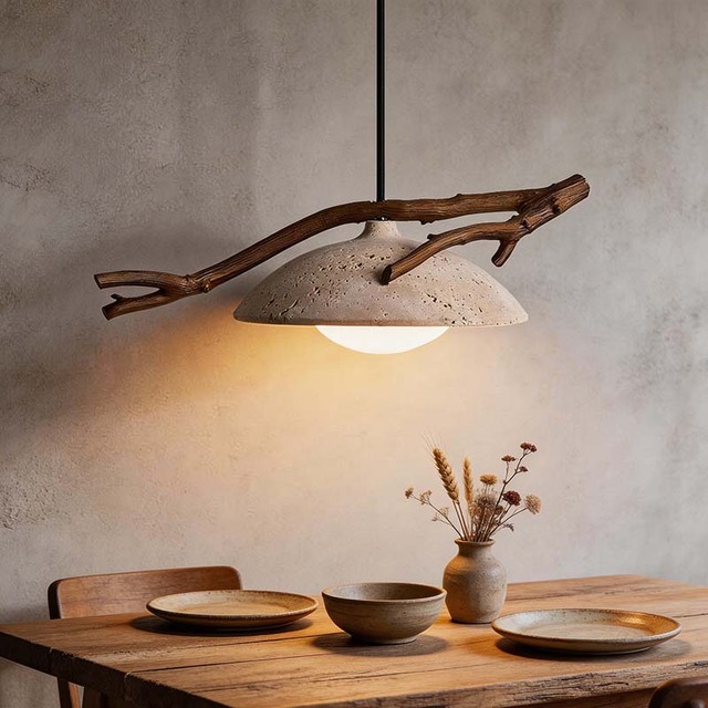Modern Natural Branch Pendant Light Stone Dome Hanging Lamp for Living Room Restaurant