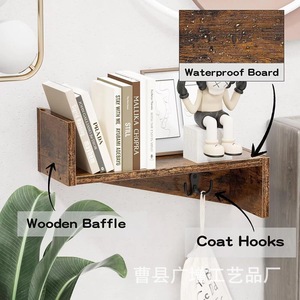 Retro Wooden Wall Mount Storage <b>Rack</b> With Hooks For Keys And Coats Multipurpose <b>Shelf</b> Rectangle Solid Wood Design - Product Image 2