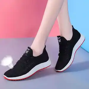 Chine usine vendeur chaussures décontractées dame noir maille baskets corde lacets chaussures plates femmes 2021