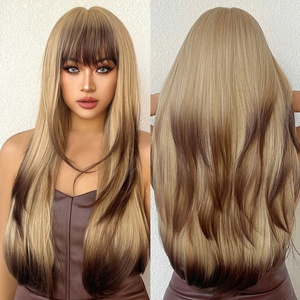 Perruque synthétique longue ondulée dégradée brun-<span class=keywords><strong>blond</strong></span> pour femme, avec frange, effet naturel, résistante à la chaleur, idéale pour les fêtes <span class=keywords><strong>de</strong></span> Noël - Product Image 2